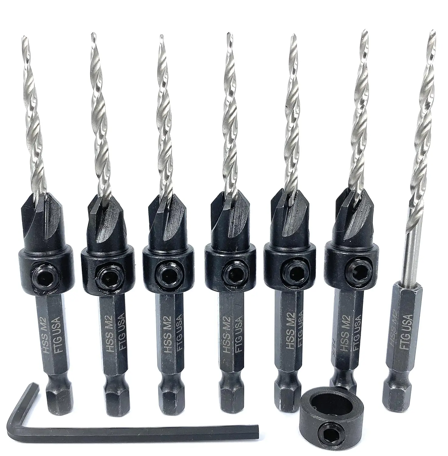 

USA Tapered Countersink Drill Bit Set, 6-Piece #6 (9/64") for Woodworking, Replacement Bits Included