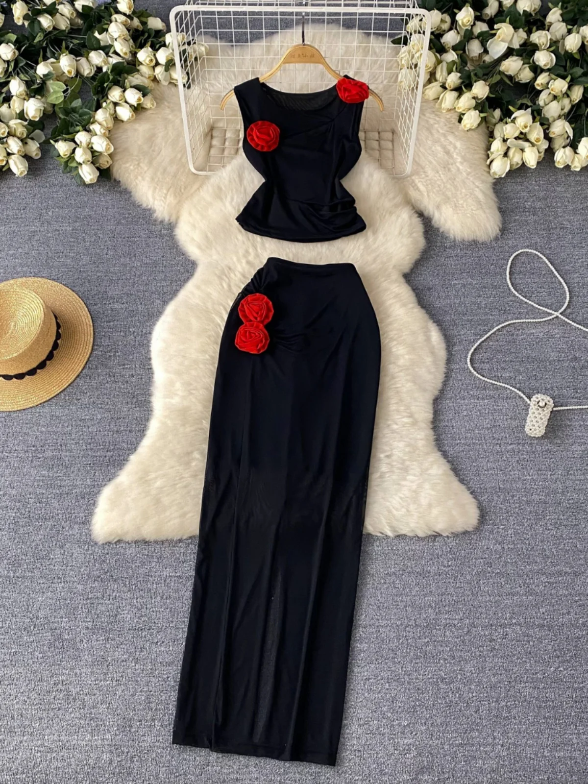 Foamlina Sexy Two Pieces Sets Summer Women Fashion Floral Cut Out Front Sleeveless Crop Tank Top and High Waist Long Skirt Suits