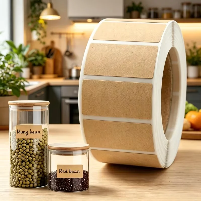 1 roll (800pcs) of kraft paper self-adhesive labels, thick and smooth to write on. Comes with adhesive backing