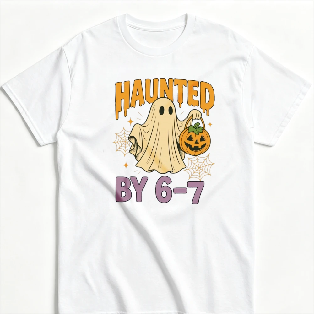 Halloween Haunted By 6‑7 Graphic T‑Shirt Cute Ghost Holding Pumpkin Candy Bucket Spider Web Retro Drip Letter Spooky Casual Tops