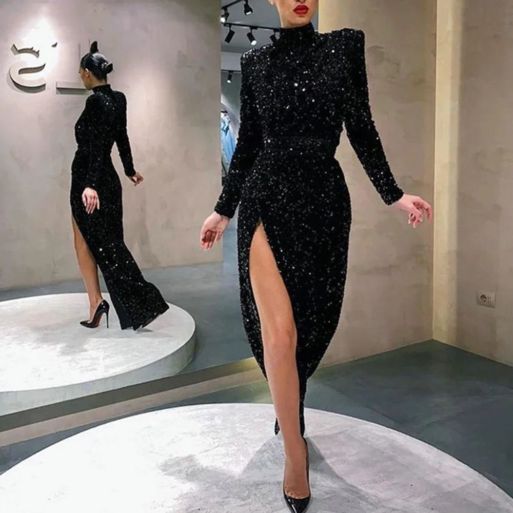 

Flavinke Black High Neck Long Sleeve Evening Dresses A-Line Side High Split Prom Gowns Long Shiny Sequins vestidos de fiesta