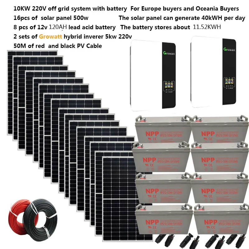 Solar System Complete 10000W 220V Single Phrase Off Grid Solar System Growatt UPS Hybrid Inverter MPPT Farm Home Garden Villa