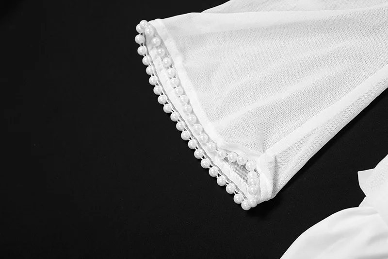 Femmes élégantes maille transparente Patchwork froncé moulante Maxi Robe de soirée col rond perles manches évasées sirène Robe de soirée longue Robe