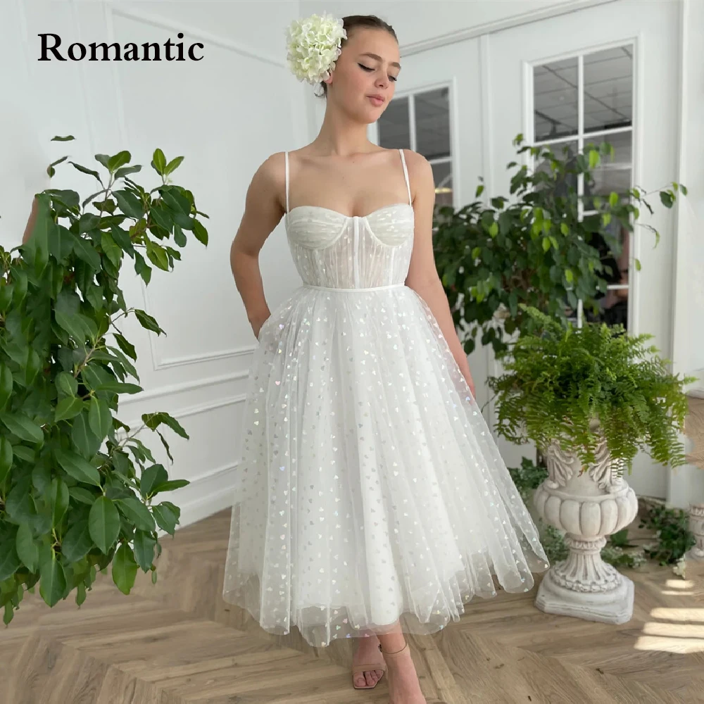 

Romantic Party Dress White Tulle With Hearts Tea Length Short Prom Gowns Spaghetti Strap Sweetheart For Gradution Women Dress