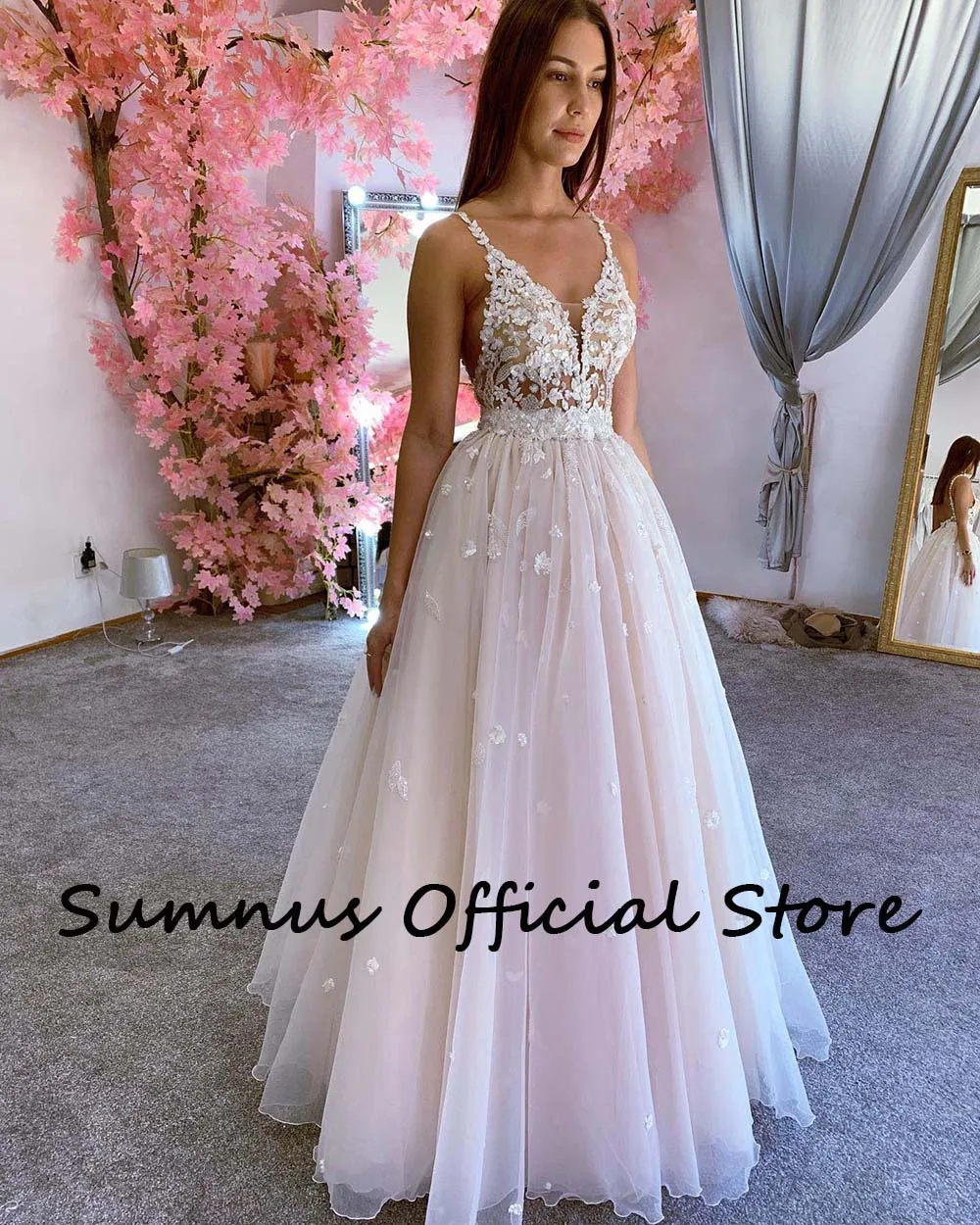 Boho vestidos de casamento apliques artesanais tule profundo decote em v cintas espaguete a linha vestido noiva sem costas vestidos de noiva até o chão