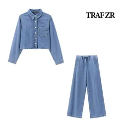 TRAF ZR Women's Set Two Pieces Solid Basics Denim Long Sleeve Pants Sets Women's Summer Suit Sets Elegant Casual Women's Set