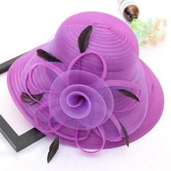 Big Flower Summer Sun Hat For Women Luxury Feather Blue Pink Bucket Hat Organza Ladies Beach Hat For Female Solid Feather Cap