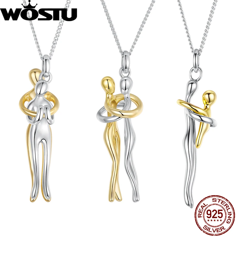 WOSTU 925 فضة عناق قلادة الأم والطفل الحب الأسرة الصداقة الدافئة للنساء عيد ميلاد فتاة هدية غرامة مجوهرات