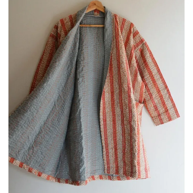 Kantha Quilt Jacket Kimono Indian Soft Cotton Dress Block Print Front Open Coat