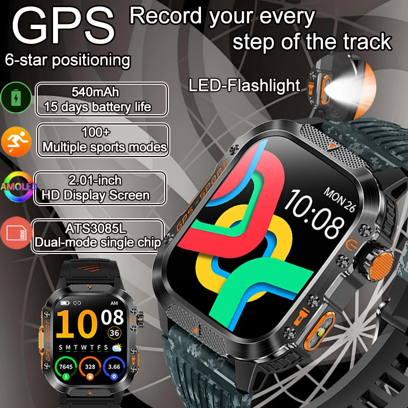 

Смарт-часы с GPS, мужские спортивные компас, высотомер, барометрический мониторинг упражнений, BT Call, IP68, водонепроницаемые, аккумулятор 540 мАч, умные часы