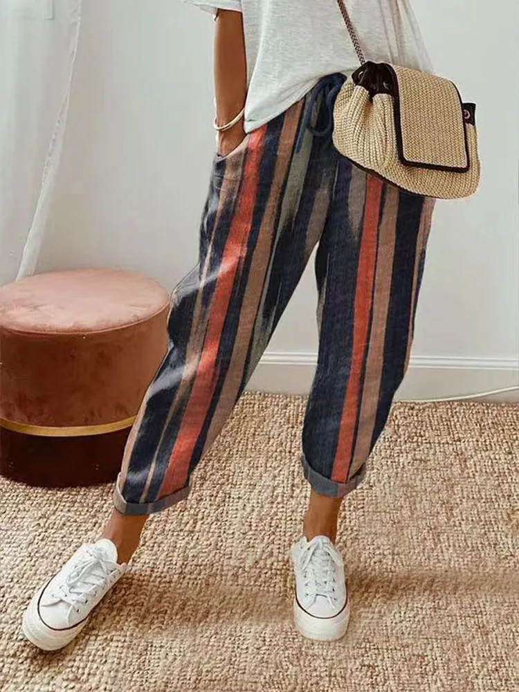 2026 Summer Cotton Linen Pants Women Drawstring High Waist Elastic Casual Trousers Breathable Female Bottoms Loose Pencil Pants