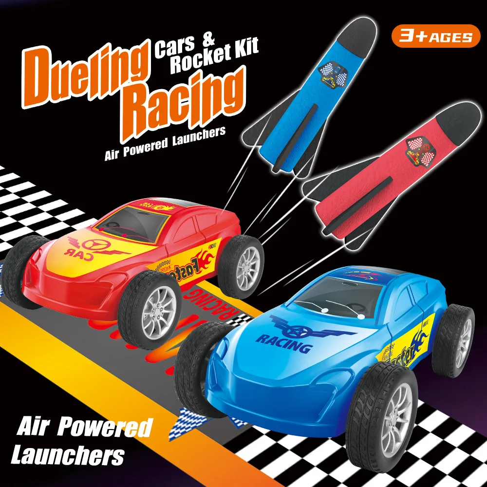 2 In 1 Duel Stomp Rocket & Racing Car Toy Foot Air Pump Flying Rocket Blaster Parent Child Interactive Outdoor Sports Toys