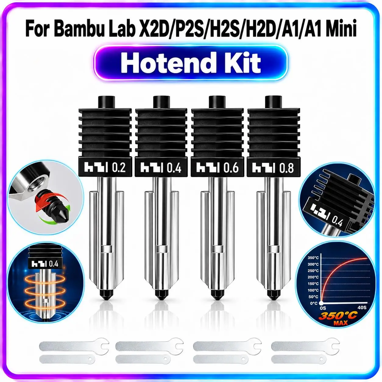 For Bambu Lab X2D P2S H2S A1 A1 Mini A2 Quick‑Swap Removable Hotend Assembly Kit, 0.2/0.4/0.6/0.8mm Nozzle 3D Printer Parts