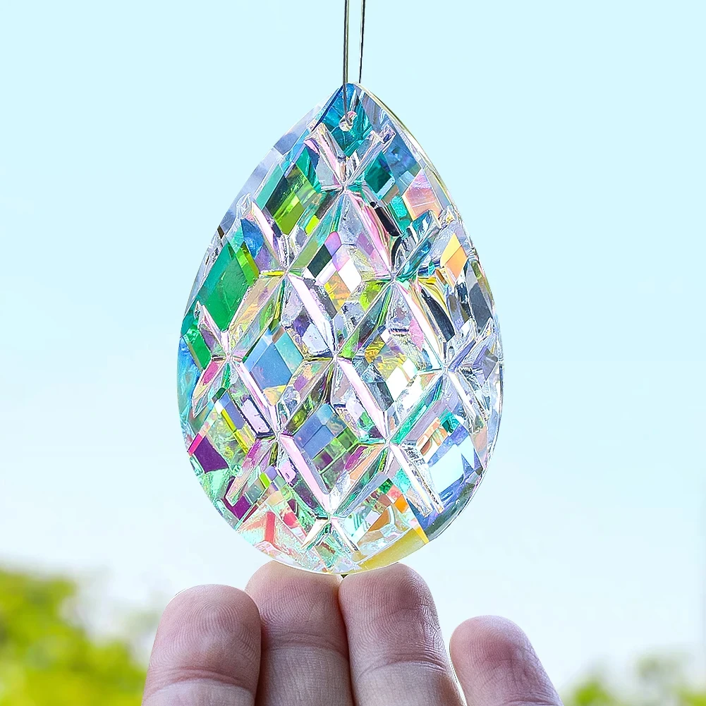Waterdrop Grid Crystal Suncatcher Glass Prism Window Hanging Decor Rainbow Maker Chandelier Lamp Parts Replacement Pendant