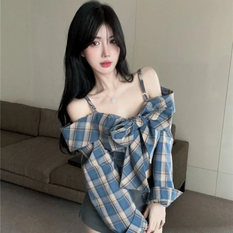 

Женская осенняя модная рубашка в клетку с длинным рукавом, на одно плечо, с бантом, на тонких бретелях, трендовый топ
