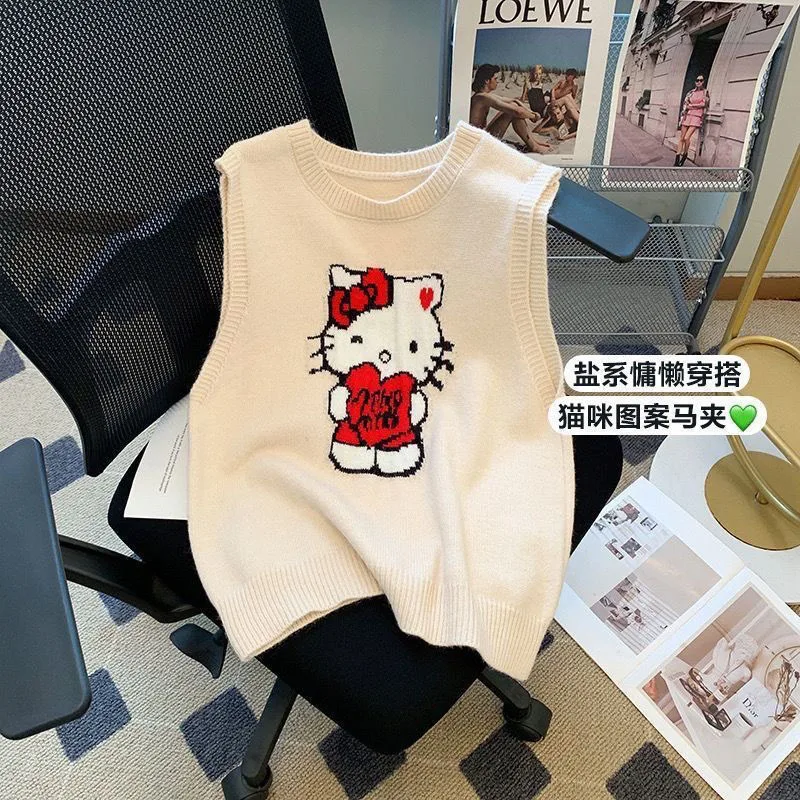 

Y2K Anime Cartoon Hellokitty Round Neck Embroidery Knitting Vest Tops Girly Preppy Style Leisure Layering Versatile Sweater Gift