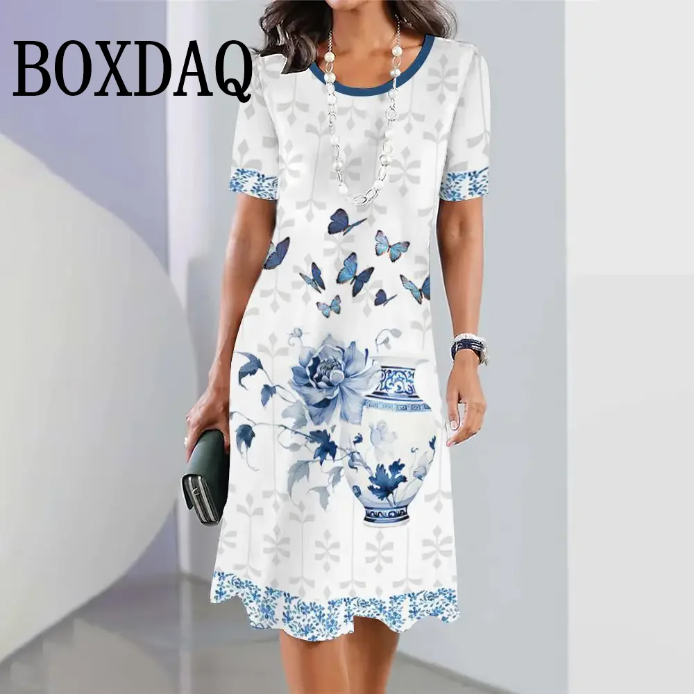 New Porcelain Floral Print Women's Dresses Vintage Summer Short Sleeve Loose Dress 2025 Casual Fashion Dresses Women's Clothing