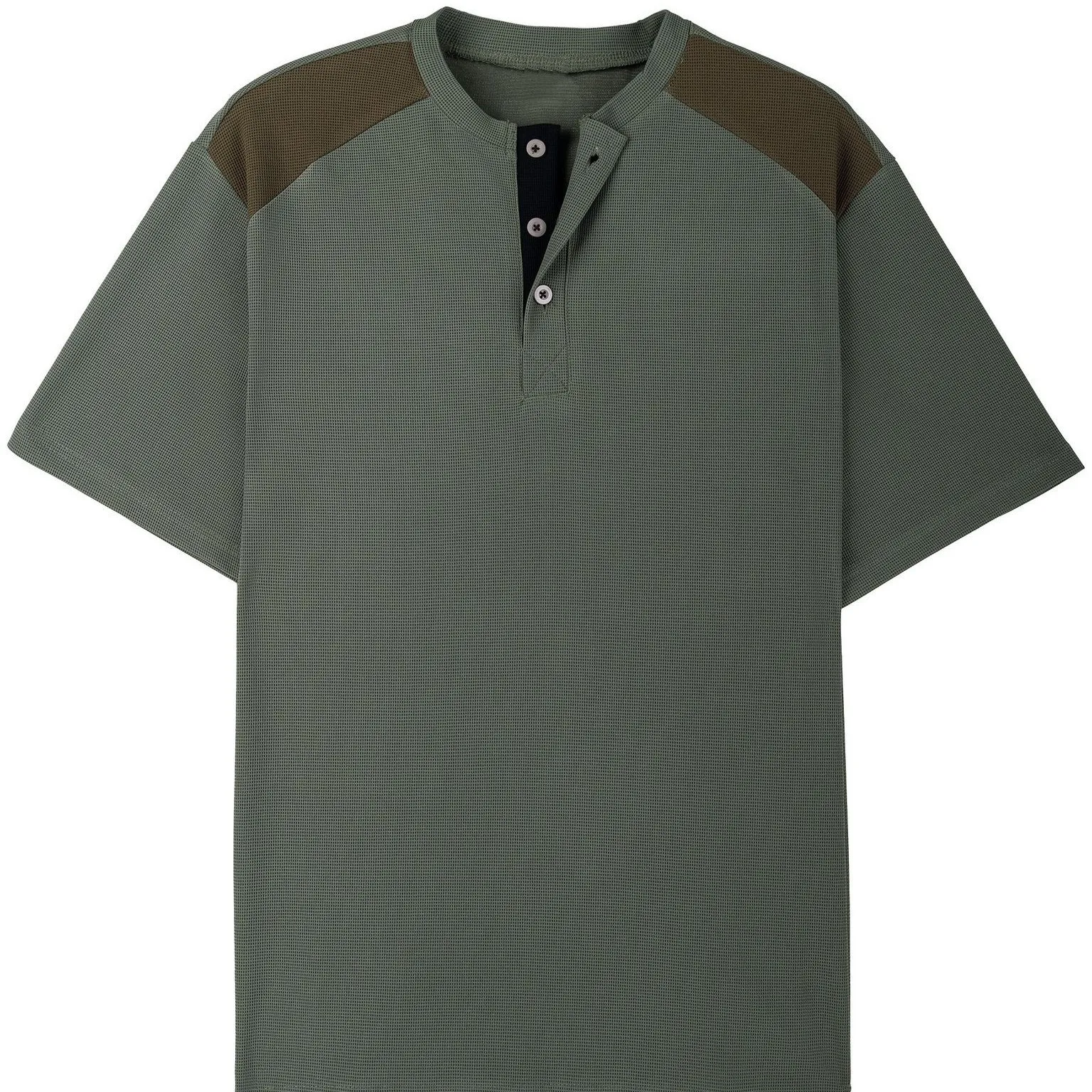New men's breathable, soft and comfortable waffle knit Henry shirt with short sleeves and fitted design. Men's sporty streetwear