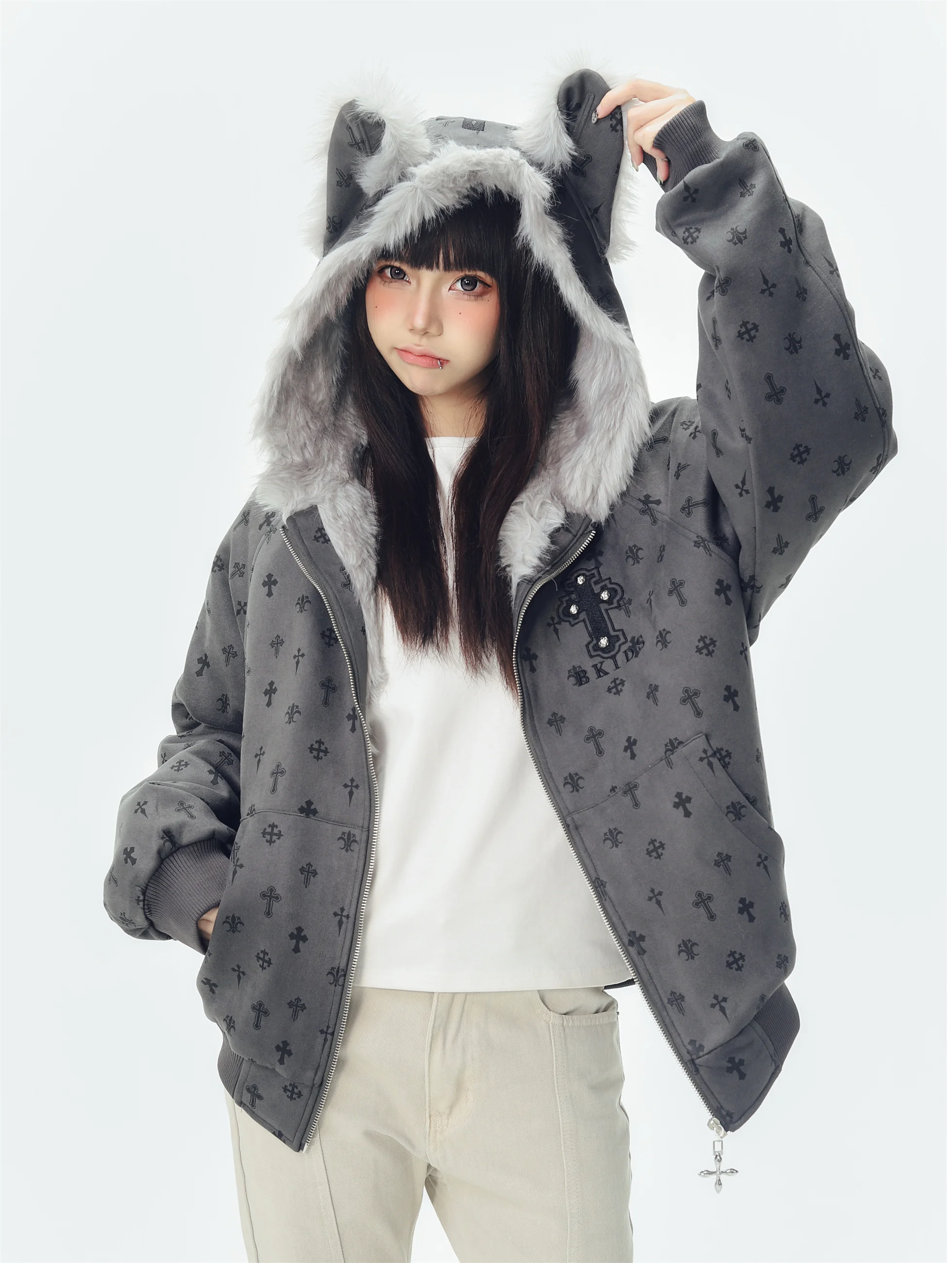 

KESOAK американское ретро джато с капюшоном Eagle Cross, зимнее новое универсальное повседневное хлопковое пальто с меховым воротником