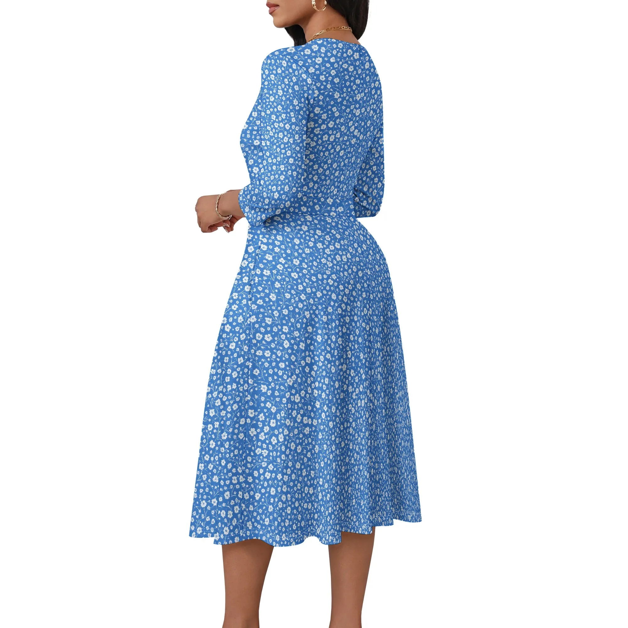 Vestido midi informal de cintura alta con cuello en V y manga 3/4 para mujer, vestido bohemio de moda fluido con estampado, vestido veraniego para invitados de boda