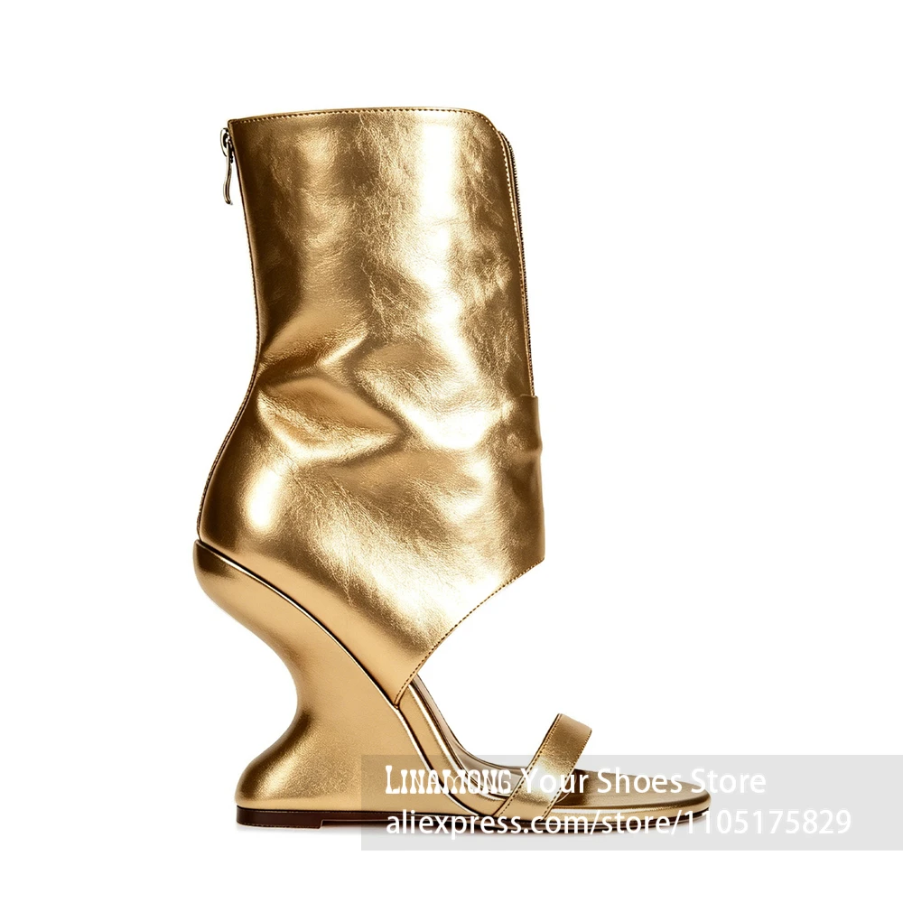 Cutout Open Toe Sculptural Curved Wedge Sandal Boots Single Thin Vamp Strap High Heel Summer Shoes Runway Designer Style Sandals