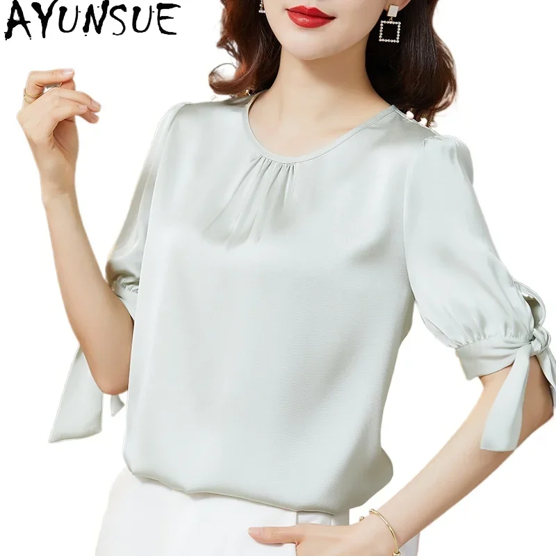 AYUNSUE 100% Real Mulberry Silk T Shirts for Woman Elegant 2024 Casual Tops Summer Women Clothing Essentials Solid Top Футболка