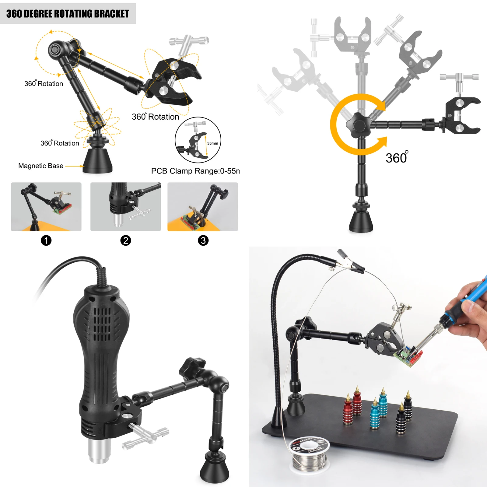 NEWACALOX Hot Air Gun Frame Soldering Iron Holder PCB Clip Soldering Station Heat Gun Stand Welding Tool with 3X LED Magnifier