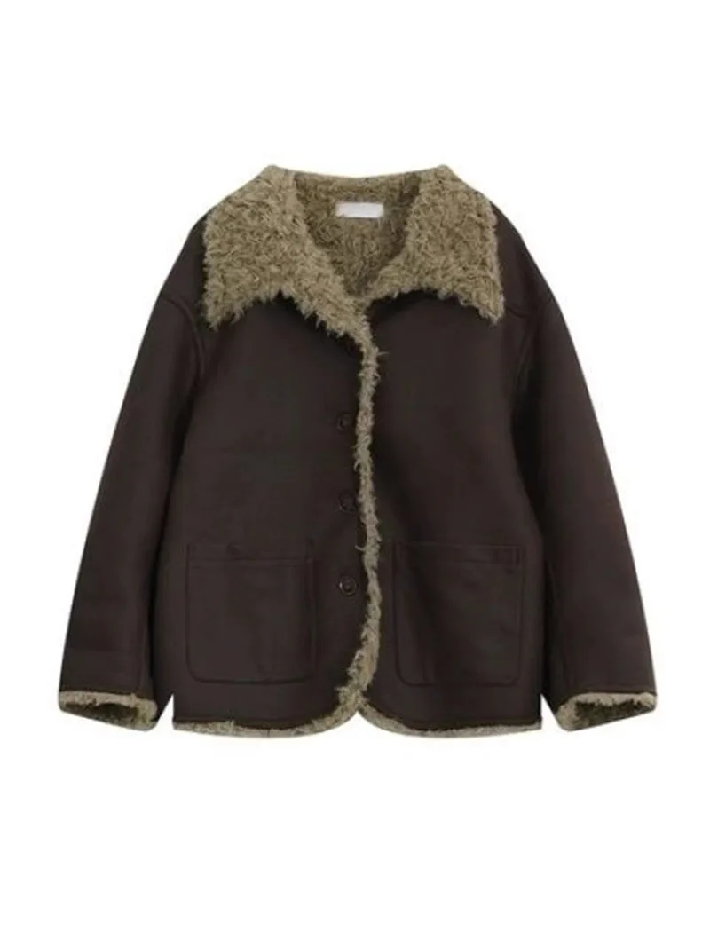 Casaco de inverno dupla face nova pele integrada casaco camurça curto motocicleta terno feminino emagrecimento versão coreana jaqueta série coreana