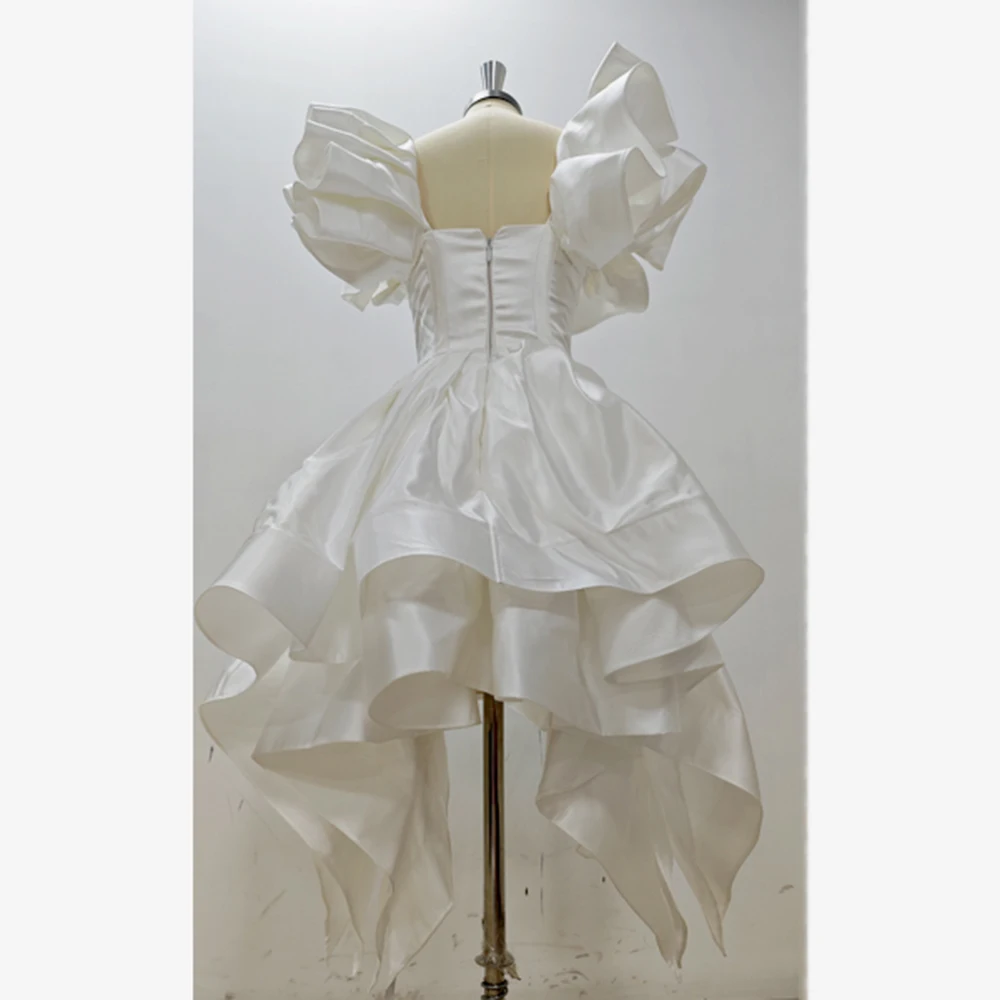 Solid White Evening Dresses Puffed Sleeve Square Neck Irregular Sash Short Skirts Birthday Party Prom Princess Ball Gowns