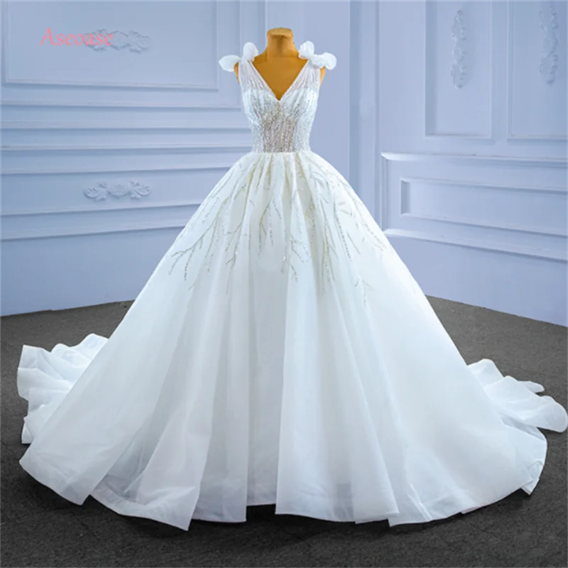 

Aseoase Real Photo Luxury Wedding Dresses Ball Gown V-neck Tulle Beaded Dubai Arabic Wedding Gown Bridal Dresses