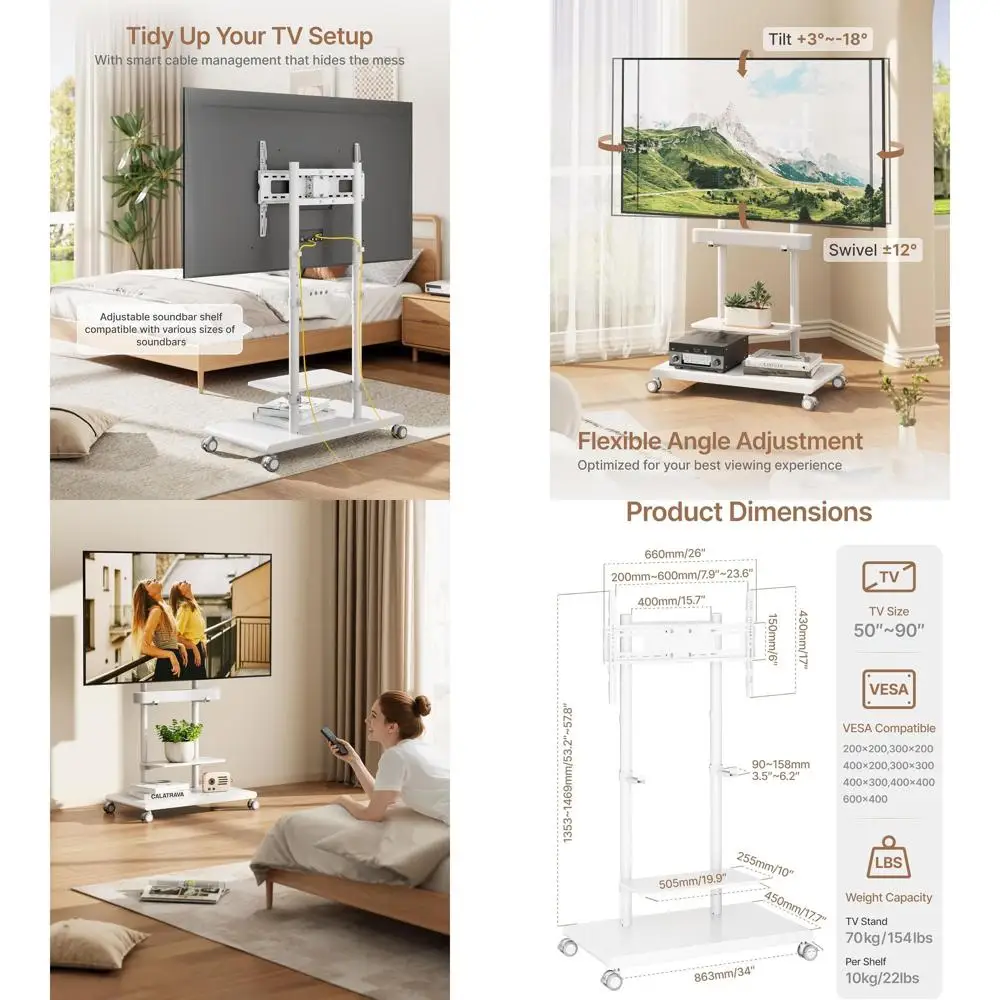 

Регулируемая поворотная подставка для телевизоров 50-90 дюймов, усиленная тележка с местом для хранения, VESA 600x400 мм, белая