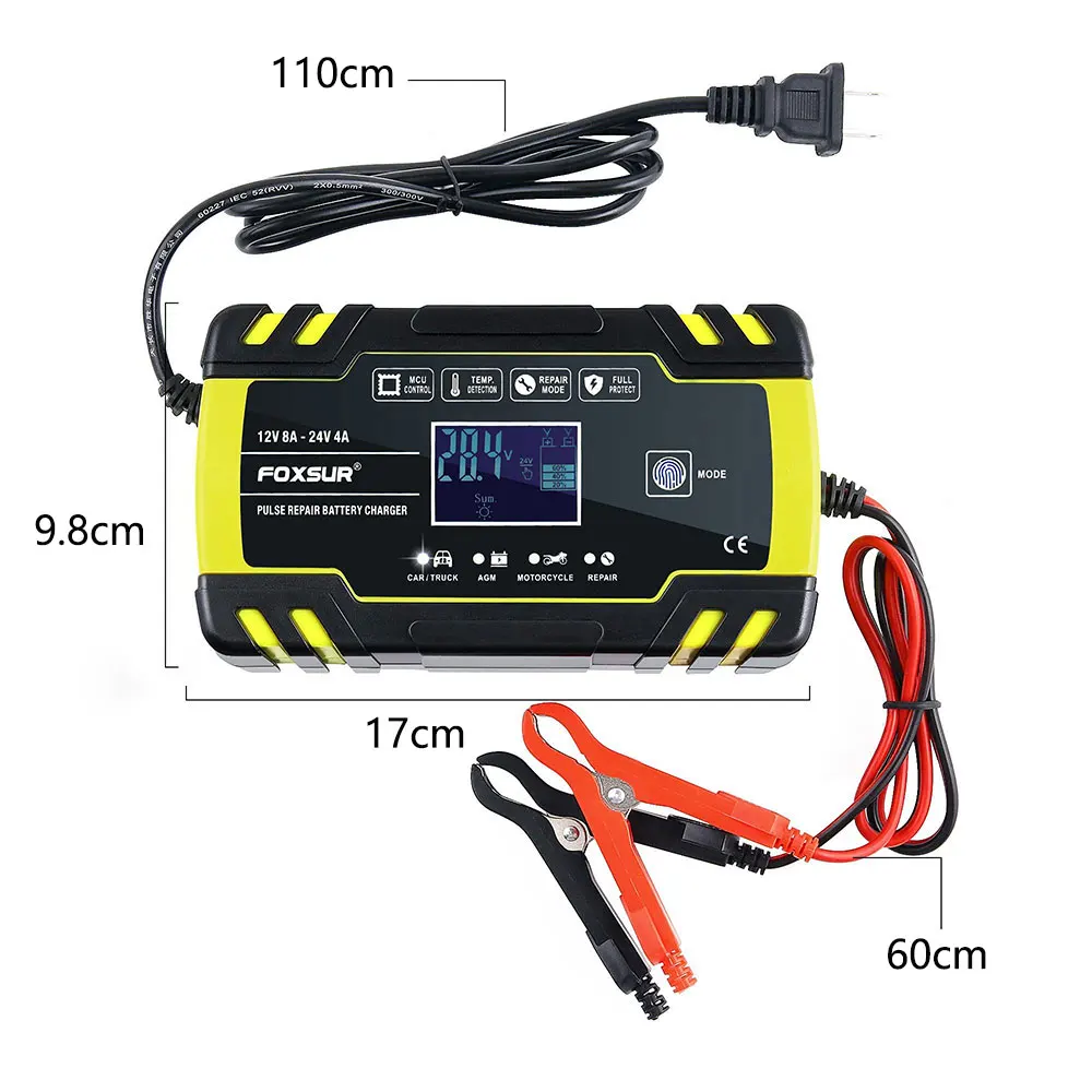 FOXSUR 3-stage 12V 24V Intelligent Motorcycle Car Battery Charger Truck Repair Charger AGM Charger Automatic Charging