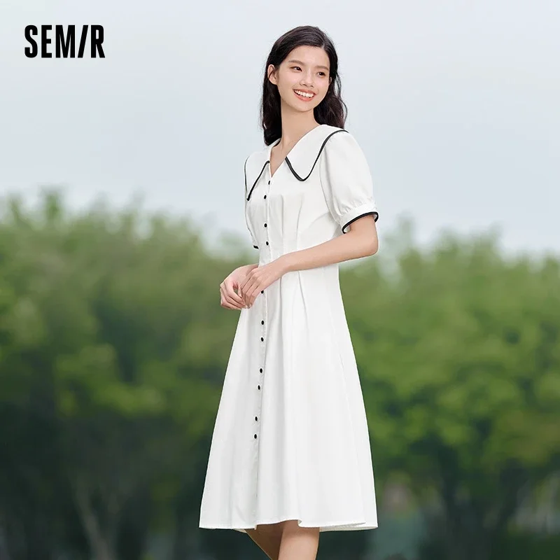 Semir Dress Women Pure Cotton Puff Sleeves Dress 2024 Summer New Color-Block Large Lapel Mid-Length Dress College Style