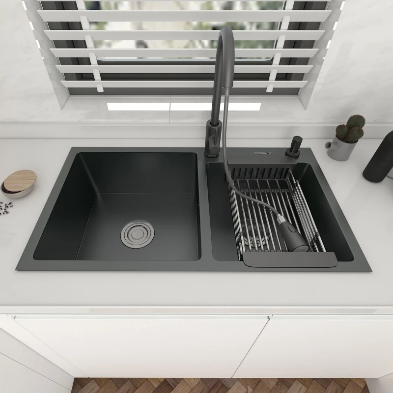 304 Stainless Steel Double Bowl Kitchen Sink Topmount Or Undermount Basin Black-Gray With Drainage Accessories Hot selling