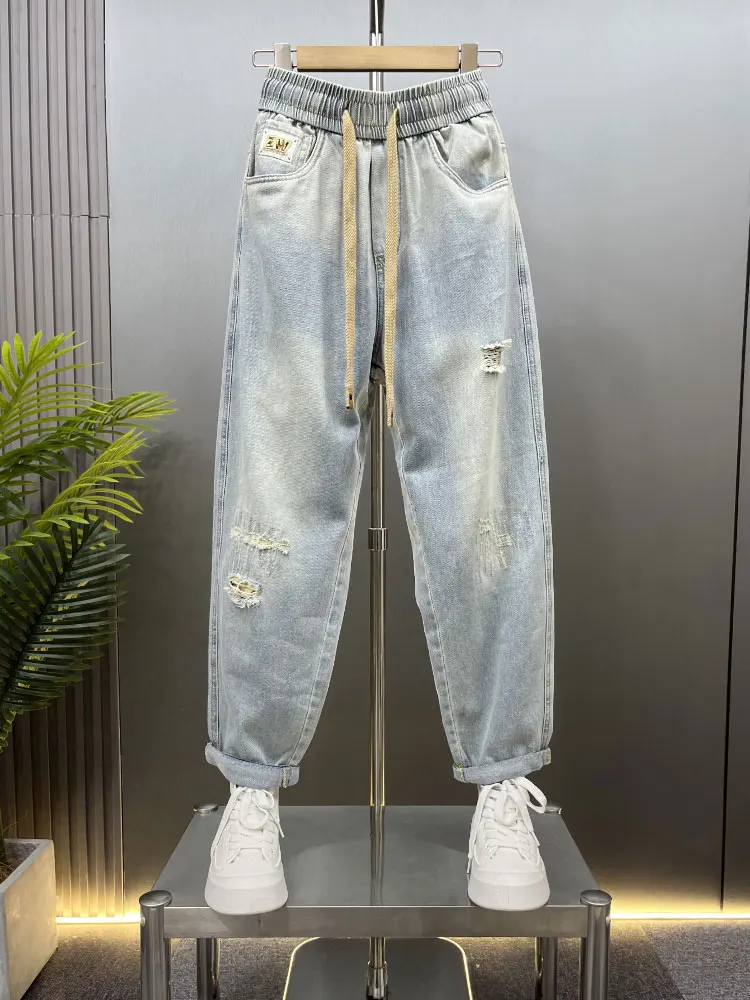 

Светло-голубые мужские летние джинсы-харланы свободного прямого кроя с рваными элементами, широкие, укороченные, модные, молодежные, повседневные, износостойкие