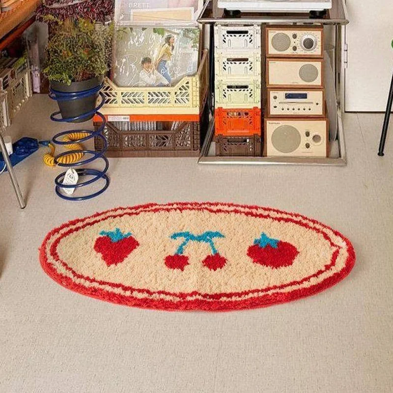 DDD Korean Style Oval Small Carpet Velvet Bedroom Bedside Rug Bathroom Anti-Slip Fruit Pattern Home Textile Floor Mat