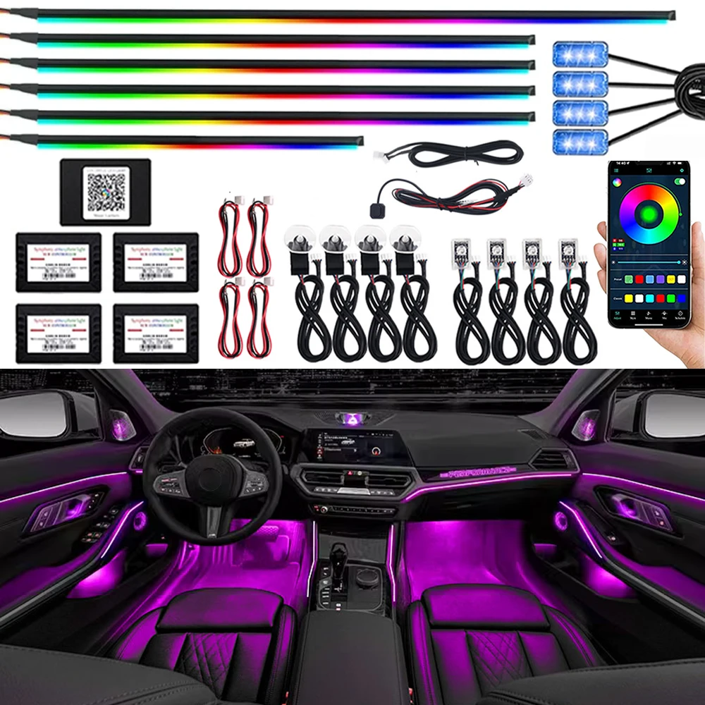 

18 in 1 Car LED Symphony Ambient Light RGB Neon Hidden Acrylic Strip Interior Decoration Accessorie Atmosphere Lamp Kit With App