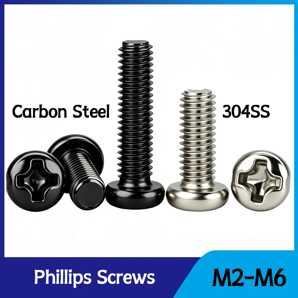 Black Carbon Steel Phillips Screw M2 M2.5 M3 M4 M5 M6 Metric Thread Cross Round Pan Head 304 Stainless Steel Machine Bolt Screws