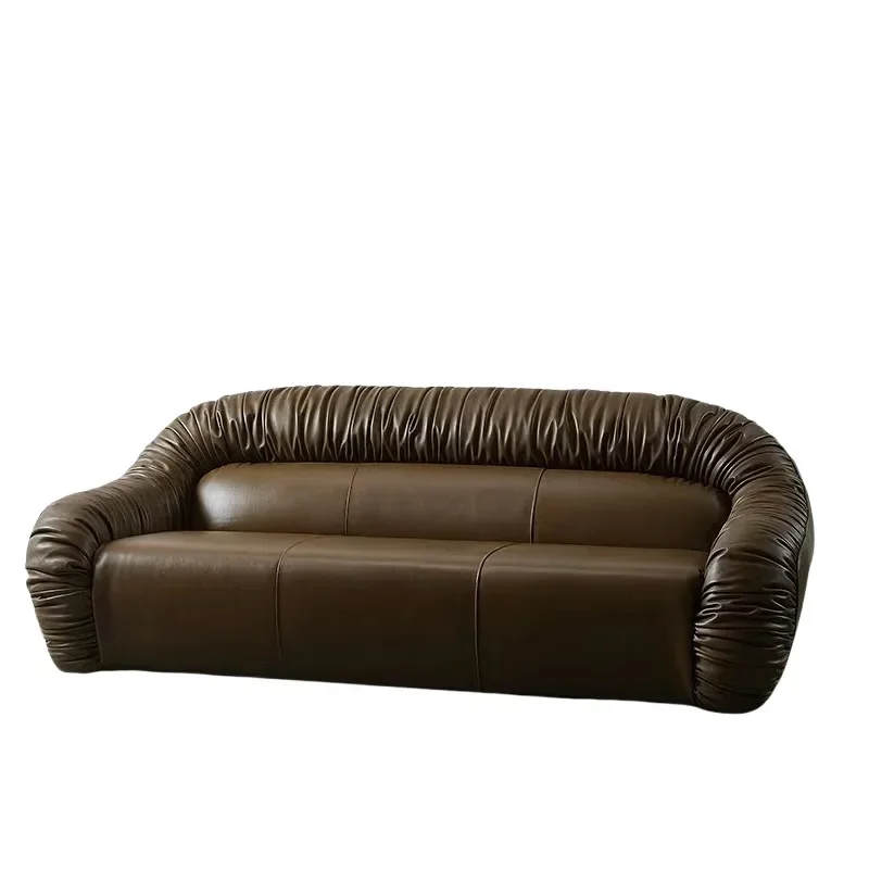Designer retro style three-seater leather small apartment living room oil wax leather sofa
