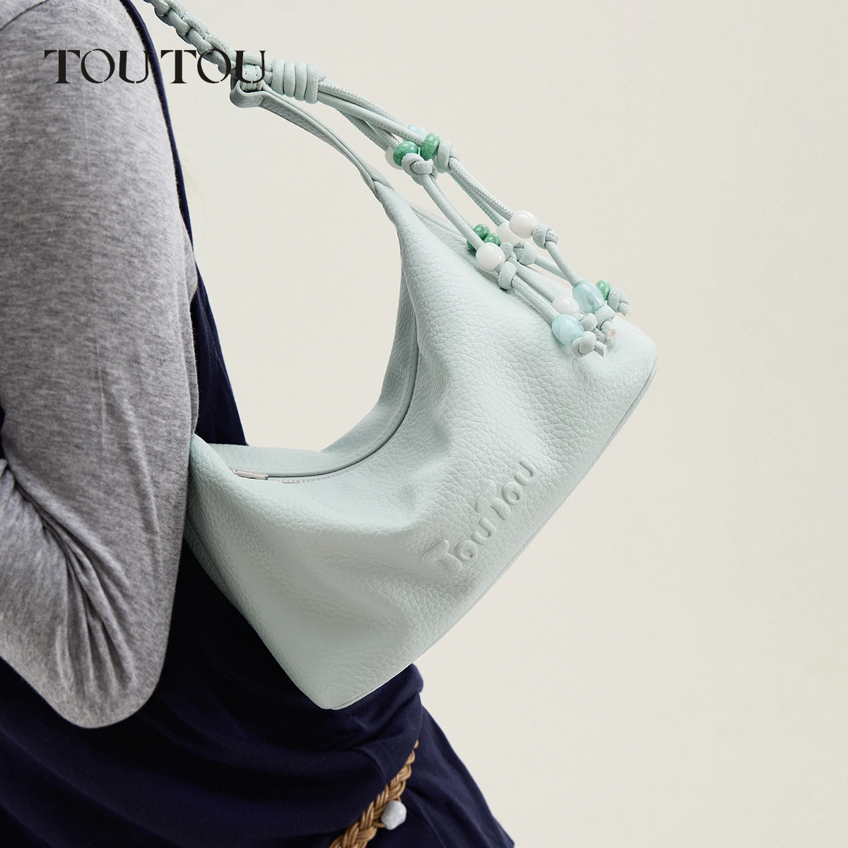 TOUTOU Hand-Woven Braided Strap Hobo Bag, Lightweight Lychee PU Underarm Shoulder Bag with Bead Decoration for Women