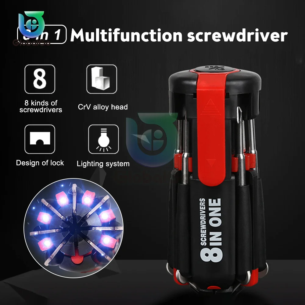 8 In 1 Multi Portable Screwdriver with 6 LED Torch Tools Light Up Flashlight tool Set Multitool Household Repair Tool