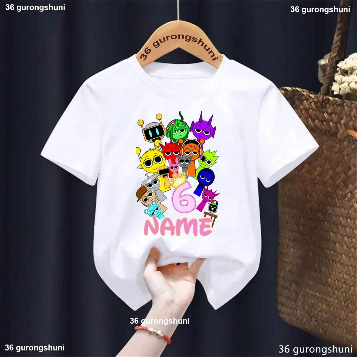 

Custom Name Rainbow 6th Birthday Sprunki Character Game Printed T-Shirt Girls/Boys Kawaii Kids Clothes Summer T-Shirt Tops