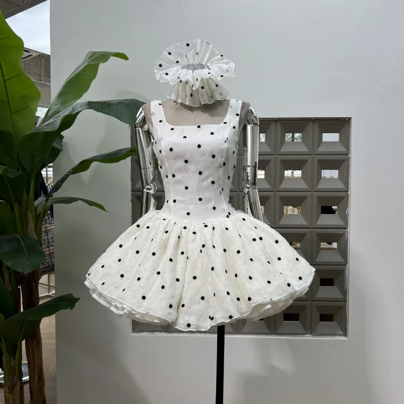 

Sweet style 2025 summer fashion embroidered polka dot backless cotton fluffy dress with a leading flower