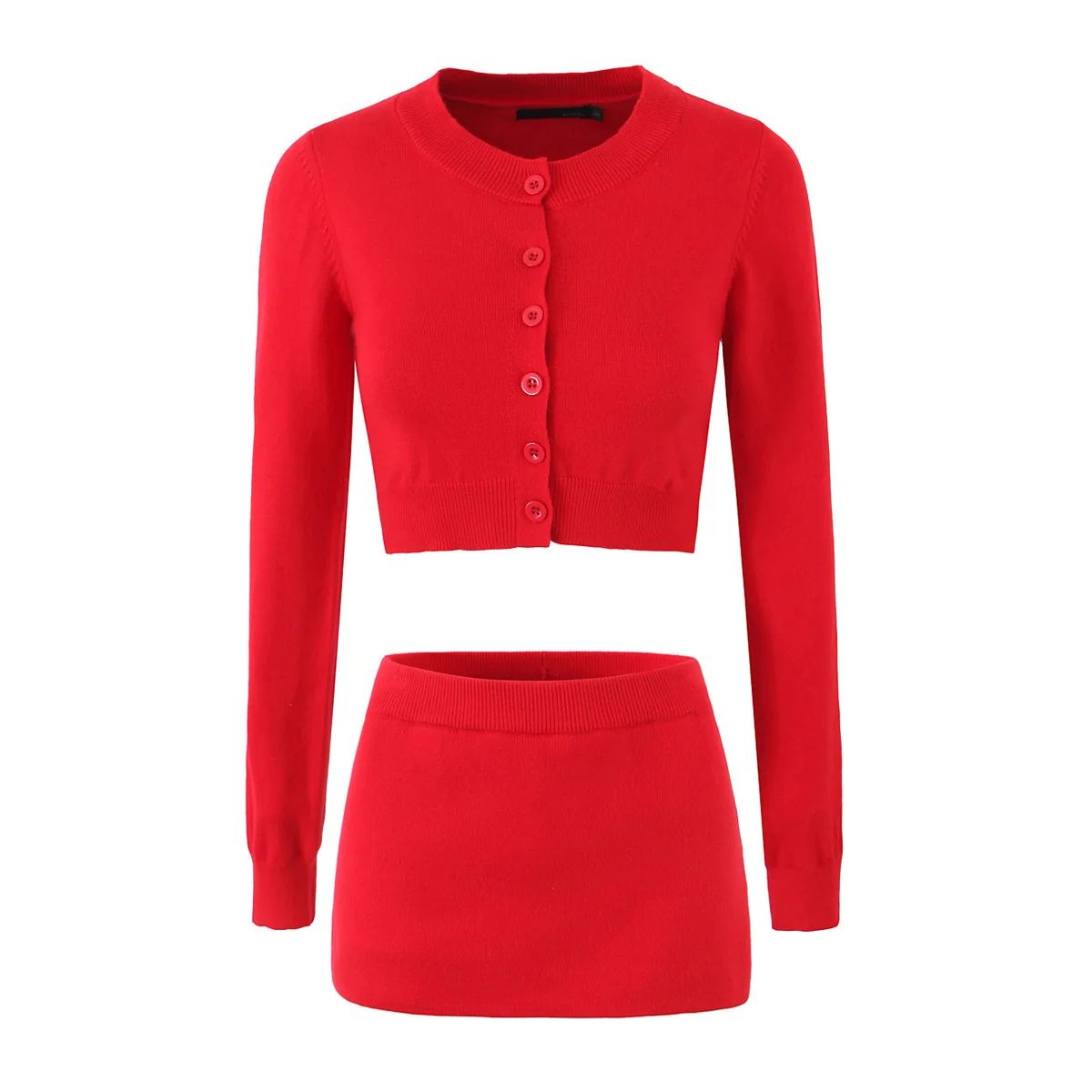 2 pieces 1 set O Neck Single-breasted Buttons Knitted Cardigan Crop Sweater Elastic Low Waist extra Mini Skirt Suits Red Black