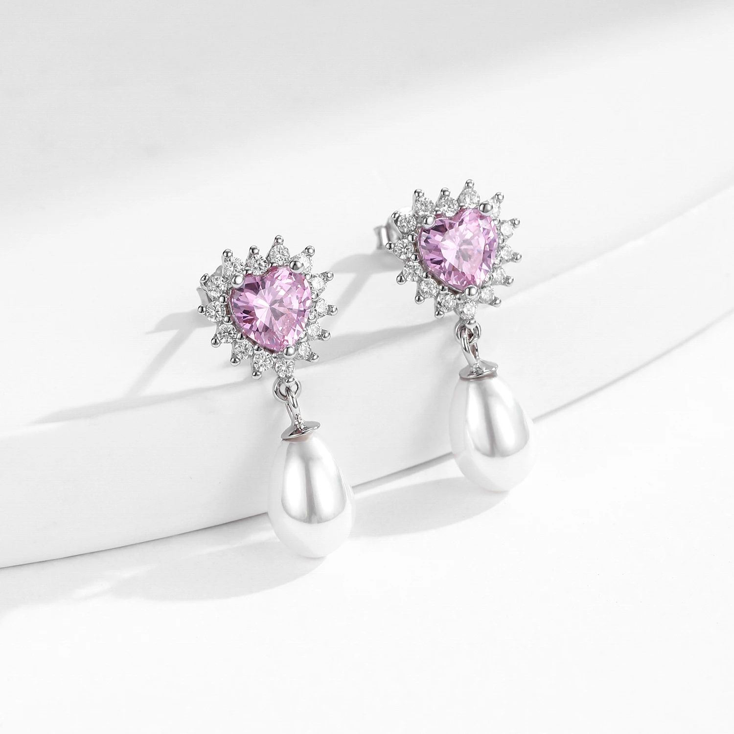 MODIAN 925 srebro serca różowa cyrkonia romantyczne kolczyki zwisające eleganckie kolczyki z muszlami i perłami dla kobiet Fine Jewelry — zdjęcie 5