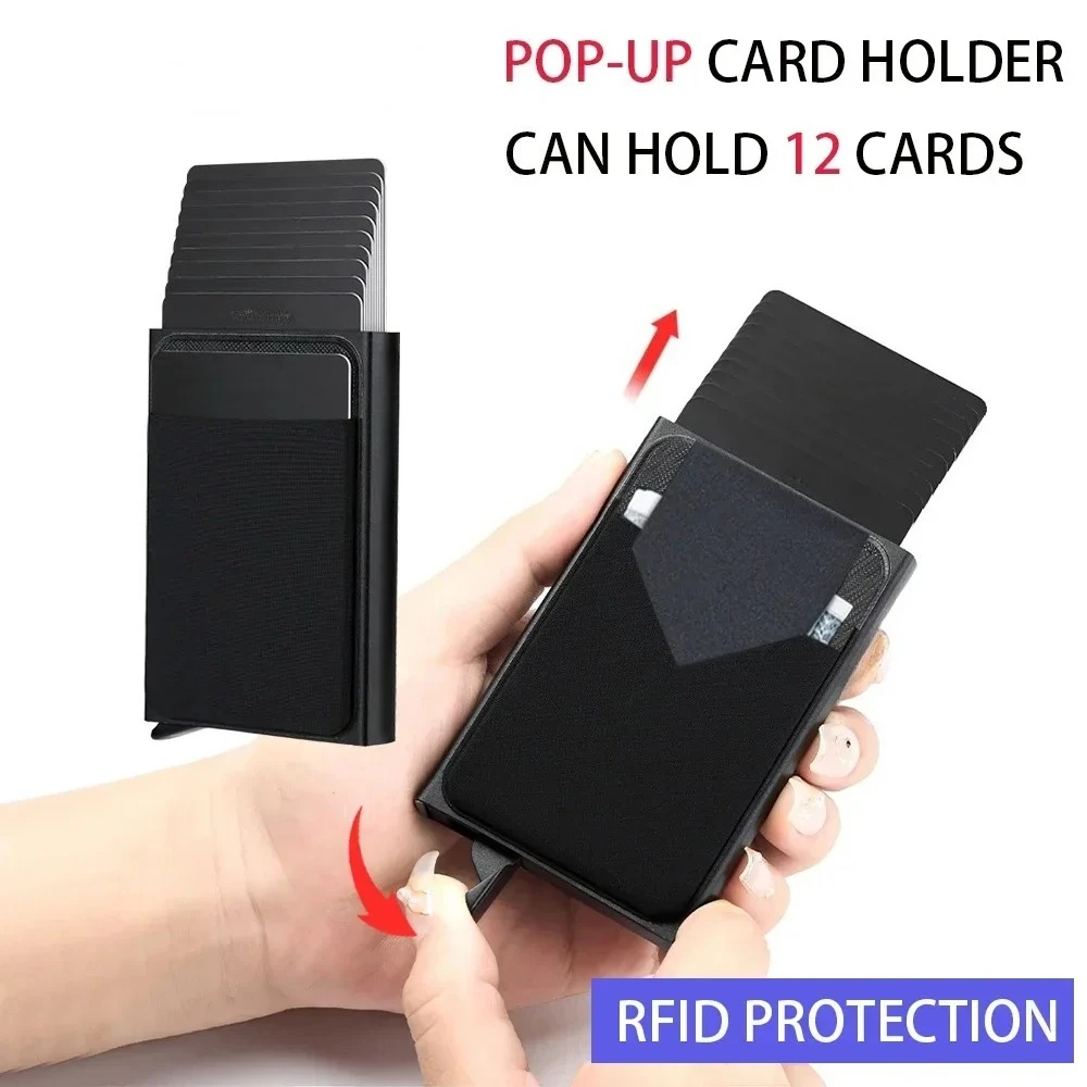 Men's Slim Mini RFID Wallet Aluminum Automatic Pop Up Card Case with Elastic Back Pouch, ID Credit Bank Card Holder Purse