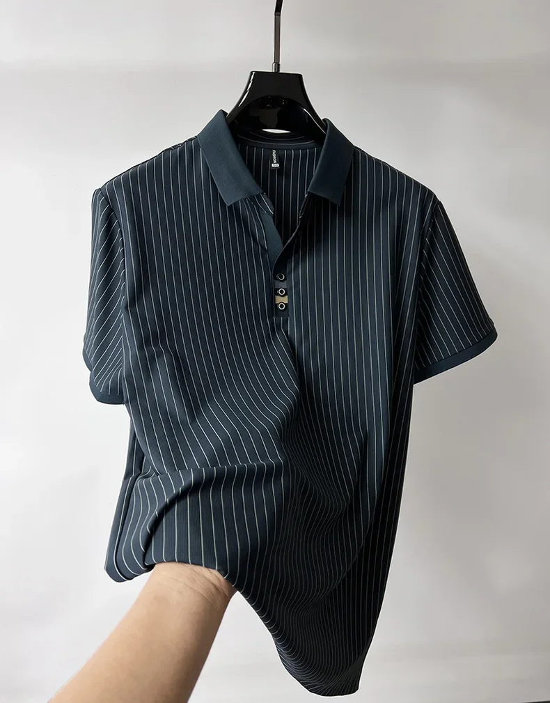 2024 trendy brand Ice Silk striped short sleeved POLO shirt men summer new fashion lapel casual T-shirt comfortable and cool top