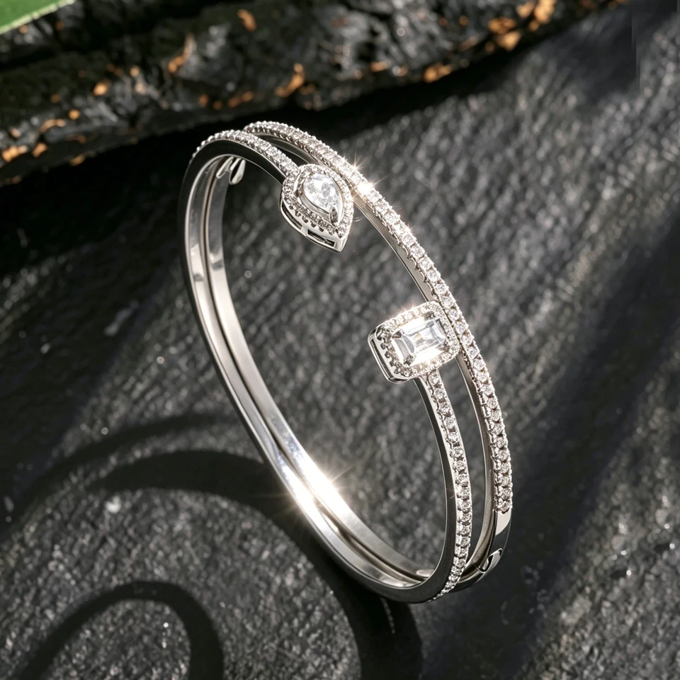 ZAKOL 2pcs/set Classic Geometric AAA Cubic Zirconia Open Bracelet for Women Shiny Crystal Engagement Wedding Party Bangle Set