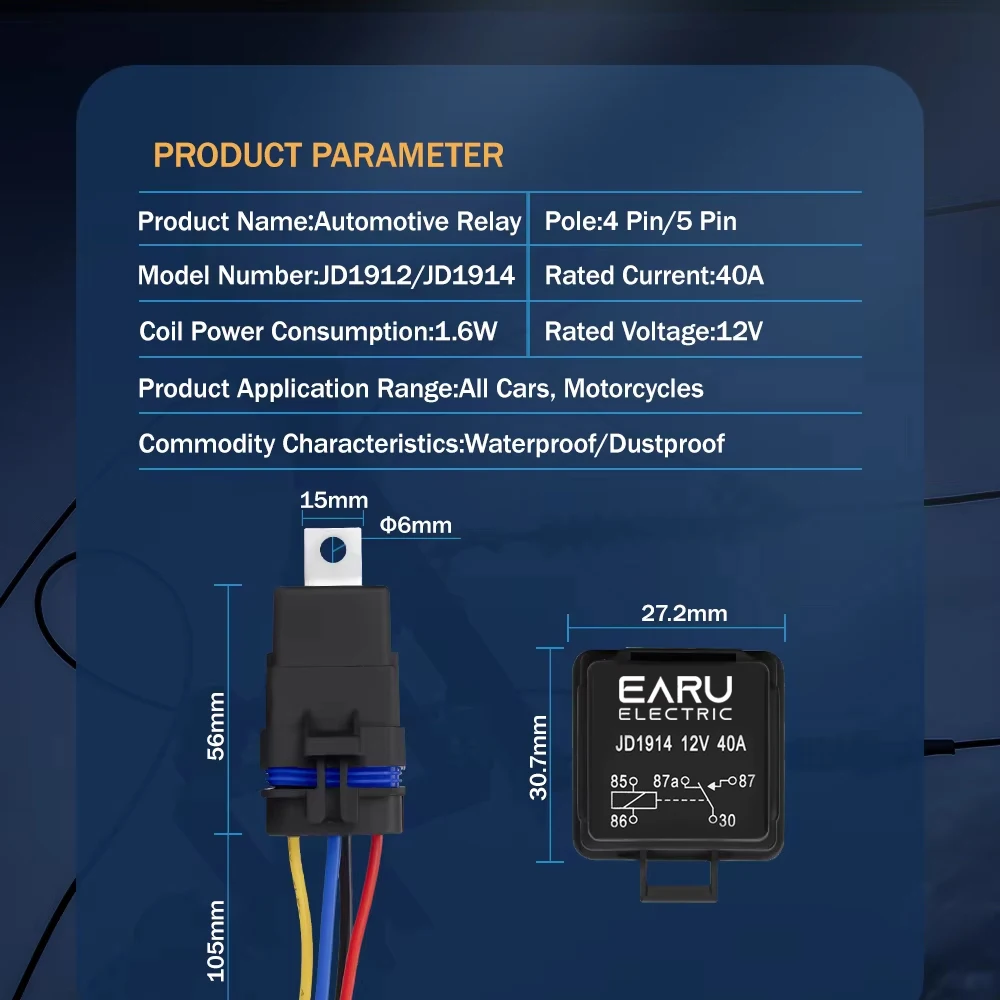Car Auto Automobile Relay Sealed Waterproof Integrated Wired  DC12V 40A 5Pin 4pin Auto Relay + Holder With 105mm Length Wires