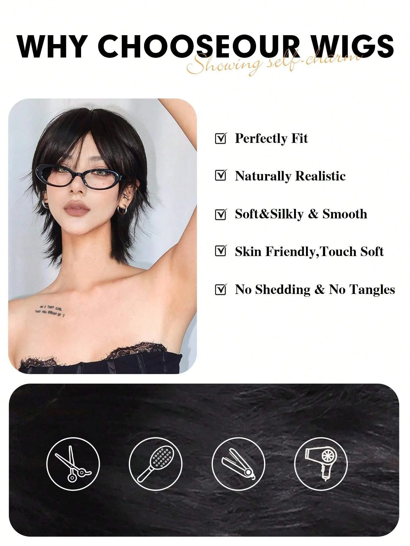 前髪付き12インチショートサーモンヘッドウィッグ、女性用ショートストレートブラック合成ウィッグ、パーティー日常使用エルフカットショートウィッグ